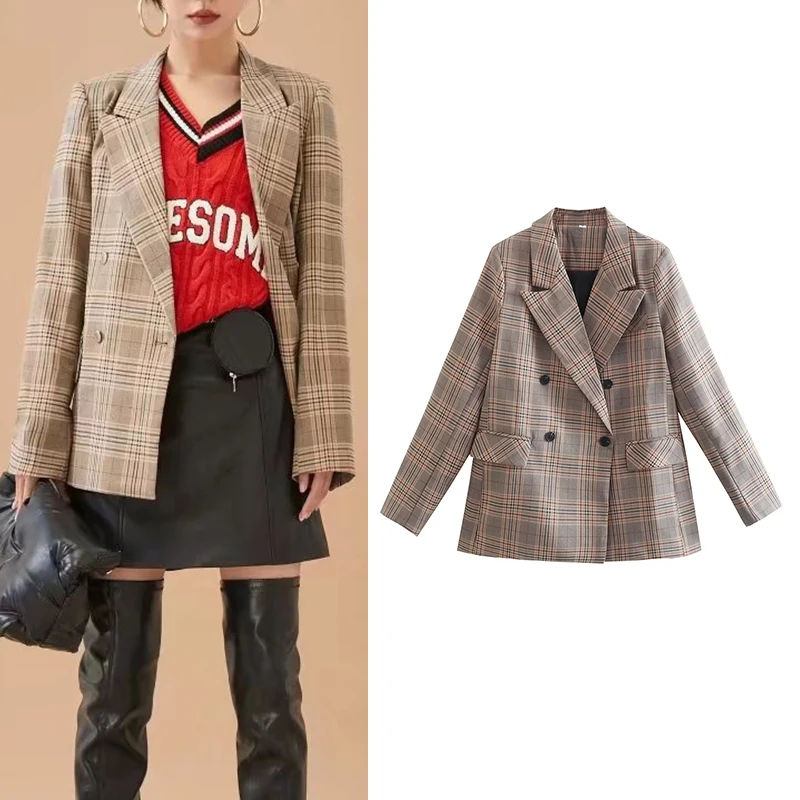 

2022 Autumn Women Fashion Plaid Blazer Vintage Long Sleeve Double Breasted Lapel Female Mid Length Coat Chic Top XQJ9542