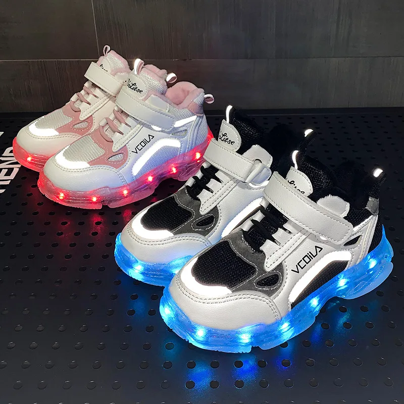 

Size 26-36 Girls Warm Wear-resistant Casual Luminous Sneakers Boys Hook Loop Non-slip Glowing Sneakers Children Led Light Shoes
