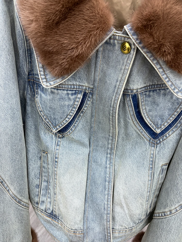 Зимние женские джинсовые пальто с воротником из натурального норкового меха