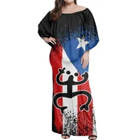 Puerto Rican Pattern Black Red Flag Print Elegant Lady Frill Off Shoulder Dresses Island Design Female Sexy Tight Dress 1 MOQ