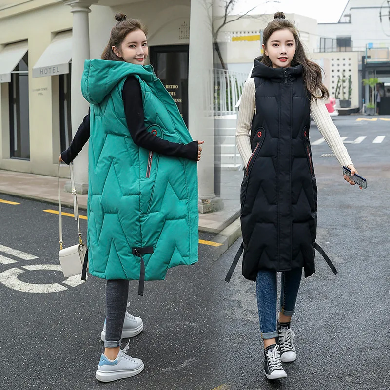 New Women's Cotton Hooded Vest Jacket Autumn Winter Versatile Sleeveless Parkas Korean Knee Length Thickened Waistcoat Snow Wear
