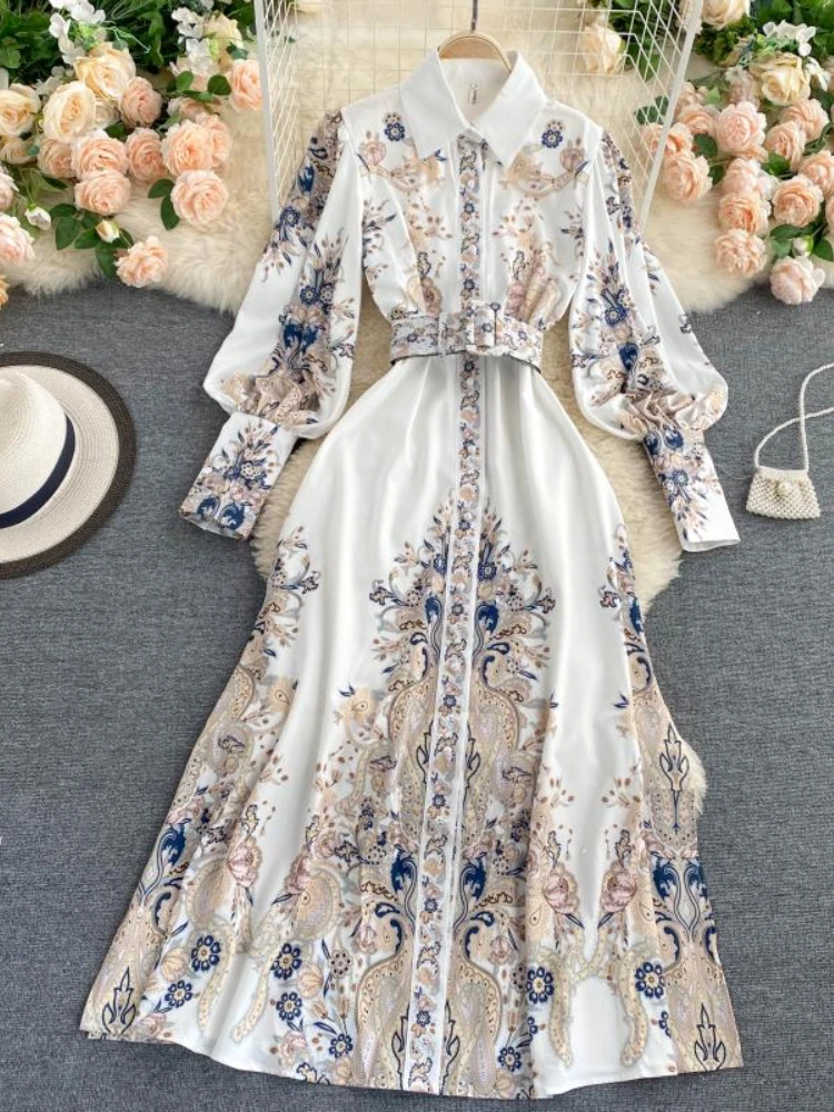 

Aibeautyer New Summer Vintage Floral Print Lady Full Dress A Line Polo Collar Single Breasted Chiffon Women Mid-calf Dresses