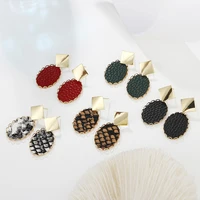 fashion oval shape faux leather leopard drop earrings for women girls trendy pu leather geometry dangle earrings jewelry gifts