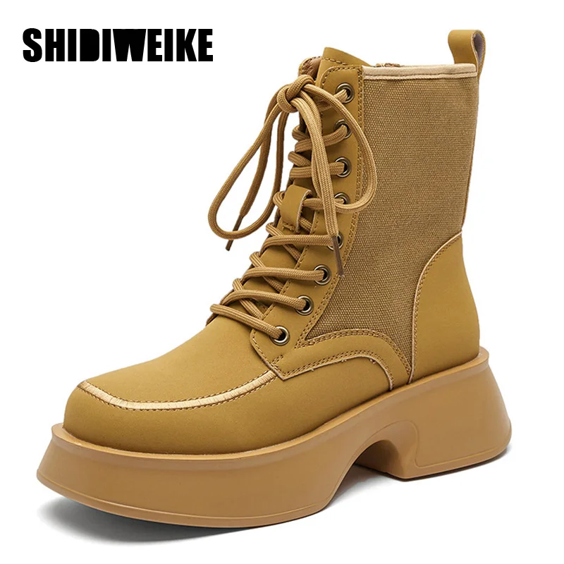 

6cm Women's Genuine Leather Ankle Boots Women Autumn Winter Square Toe Lace Up Shoes Woman Fashion Motorcycle Platform Botas