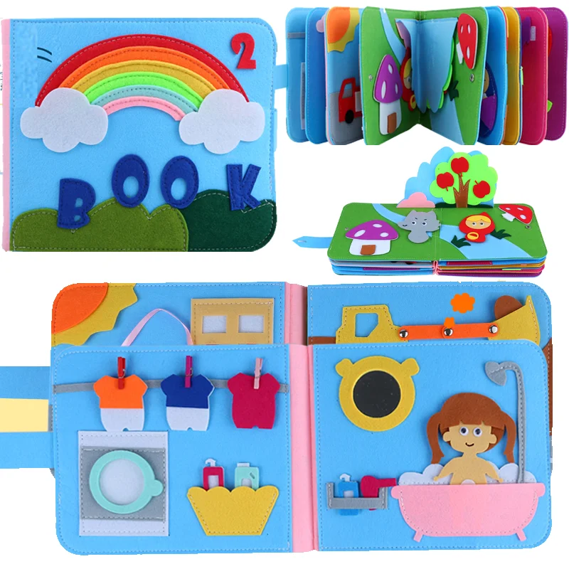 

3D Washable Montessori Kids Toys Rainbow Story Felt Cloth Book Toddler Learning Busy Board Baby Early Education Basic Life Toys