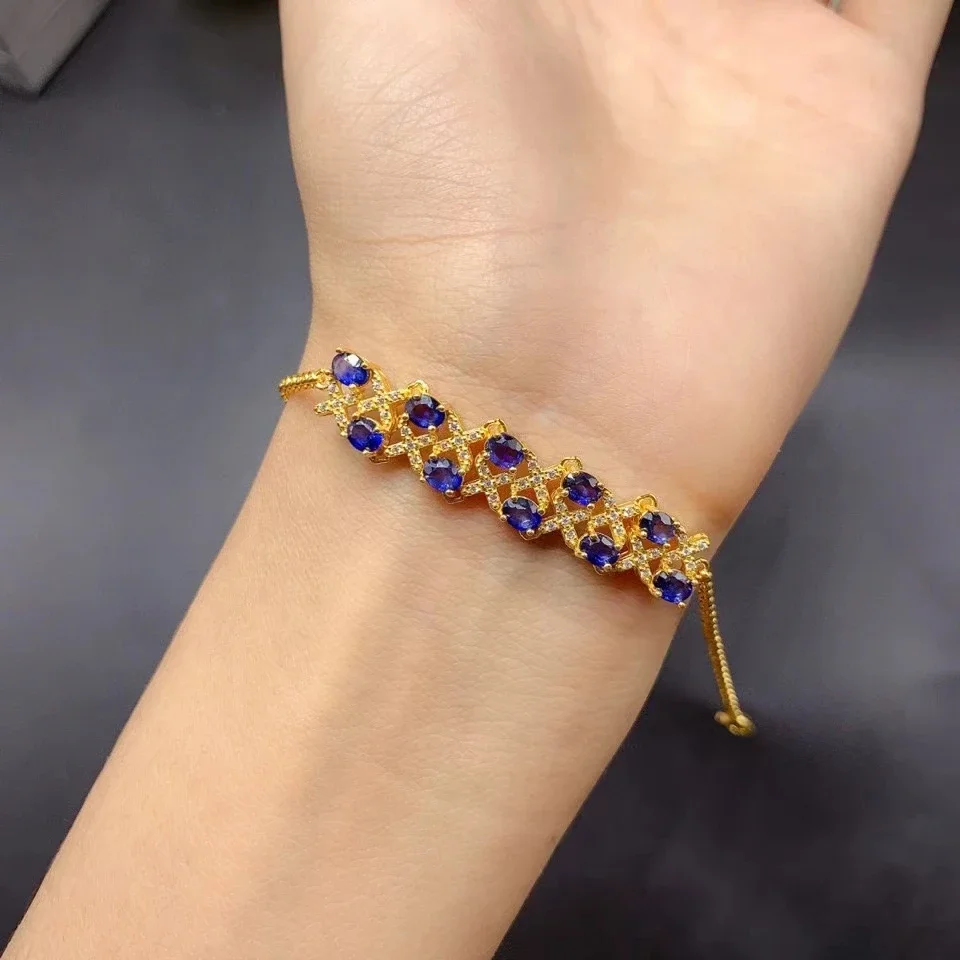 Браслет из твердого серебра 925 пробы с сапфиром и толстым позолотой 18 карат 3 мм * 4