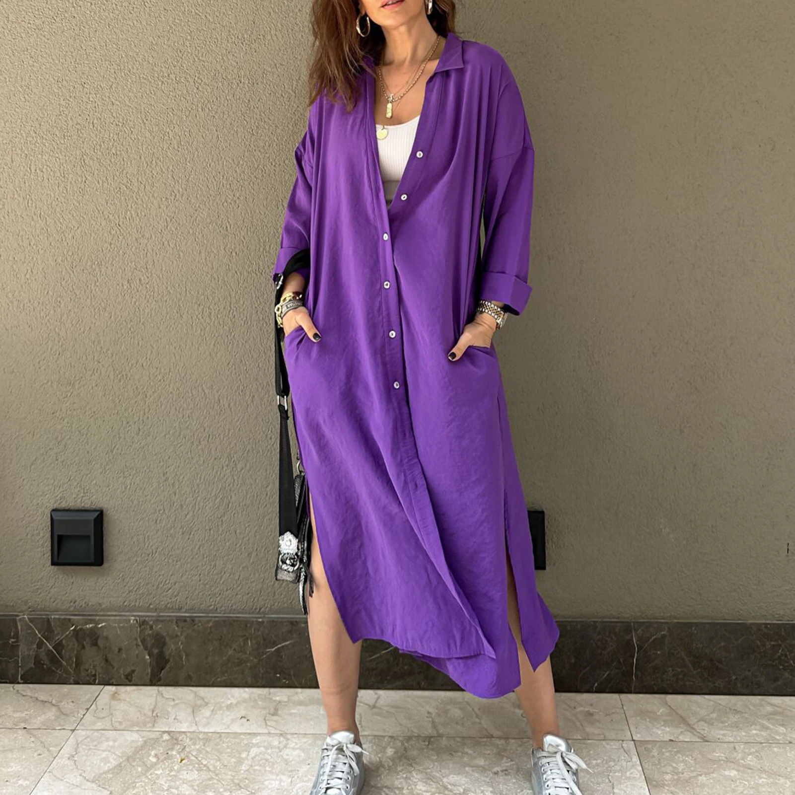

Женское длинное платье-рубашка с карманами, Элегантное повседневное свободное платье-рубашка с отложным воротником, пляжная одежда 2023