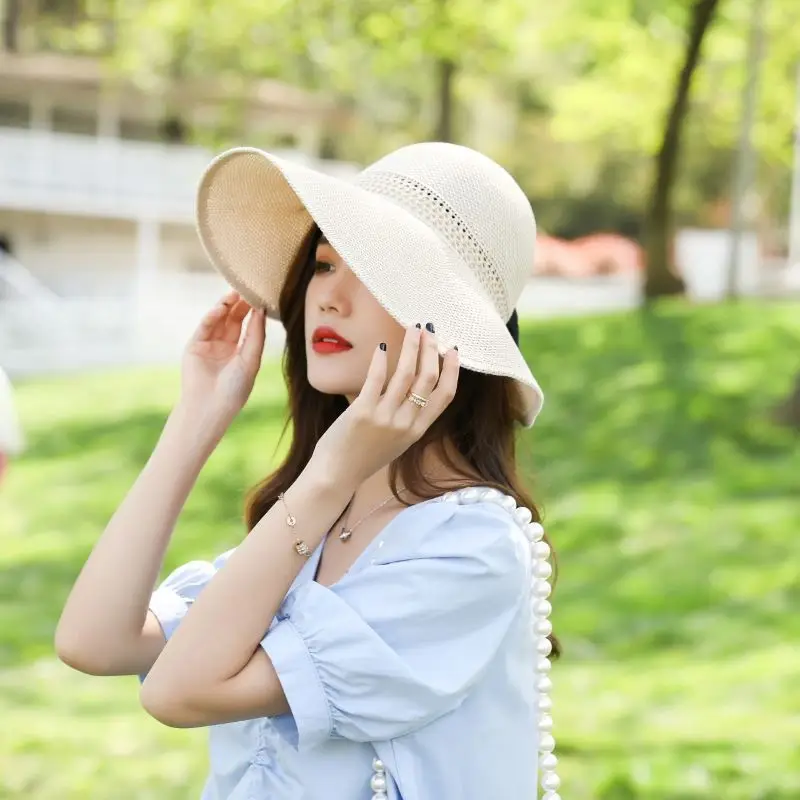 

Summer Foldable Bow Empty Top Sun Hats Women's Holiday Beach Caps Sunscreen Big Brim Straw Hat Female Casual Panama Hat