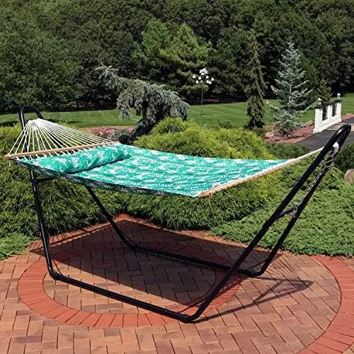 

Quilted Polyester Double Hammock and Pillow - 450-Pound Weight Capacity - Green Palm Leaves