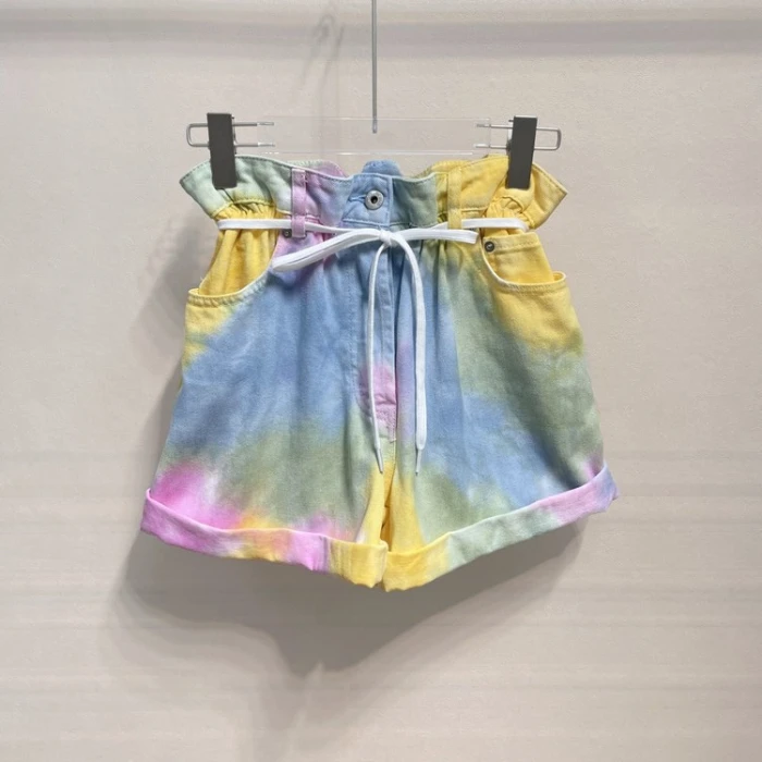

123900 Fashion Classic Trendy luxury design Spring and Summer New Rainbow Tie Dyed Elastic Waist Denim Shorts for Women
