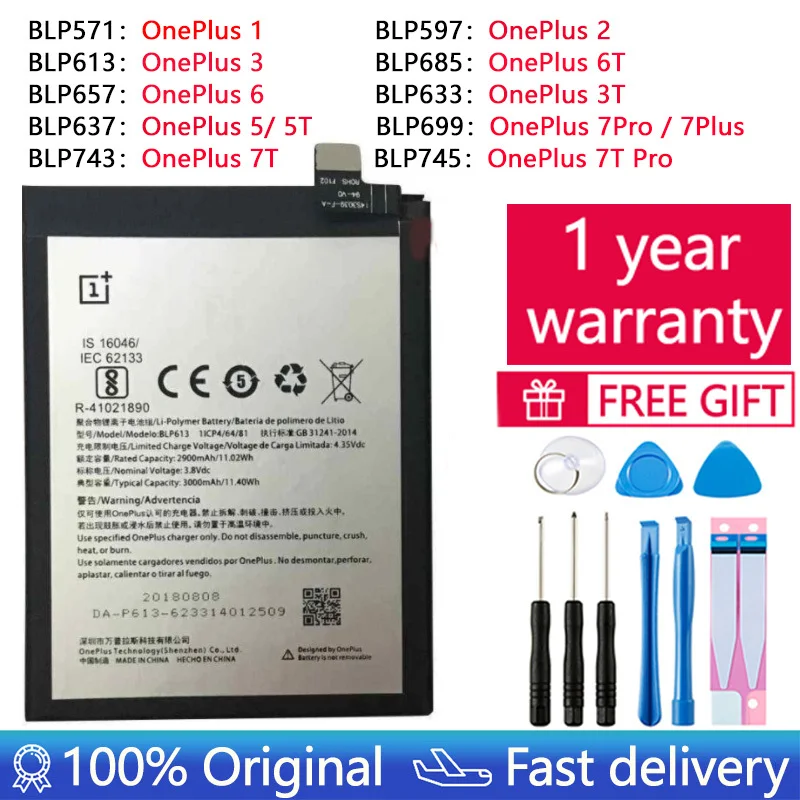 100% Original Replacement Battery For Oneplus one 1+ For OnePlus 1 2 3 1+3 One Plus 3 3T 5 5T 6 6T 7 7T Pro 7 Plus Batteries