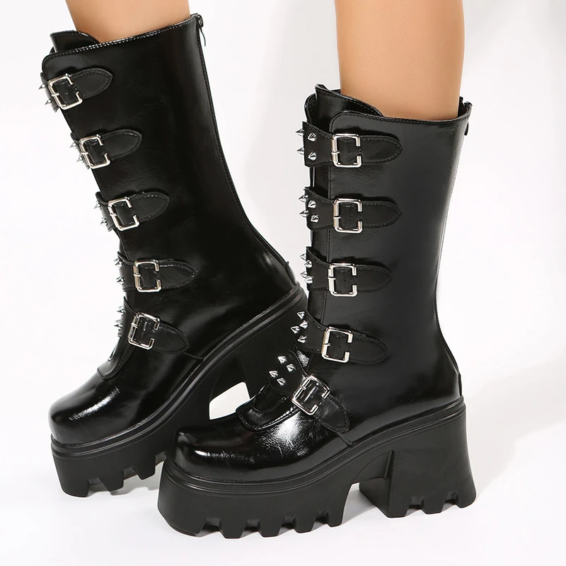 

Ladies Punk Rock Platform High-heeled Boots with Thick-soled Platform Handsome Rear Zipper Large Size Stage Boots Shoes Women