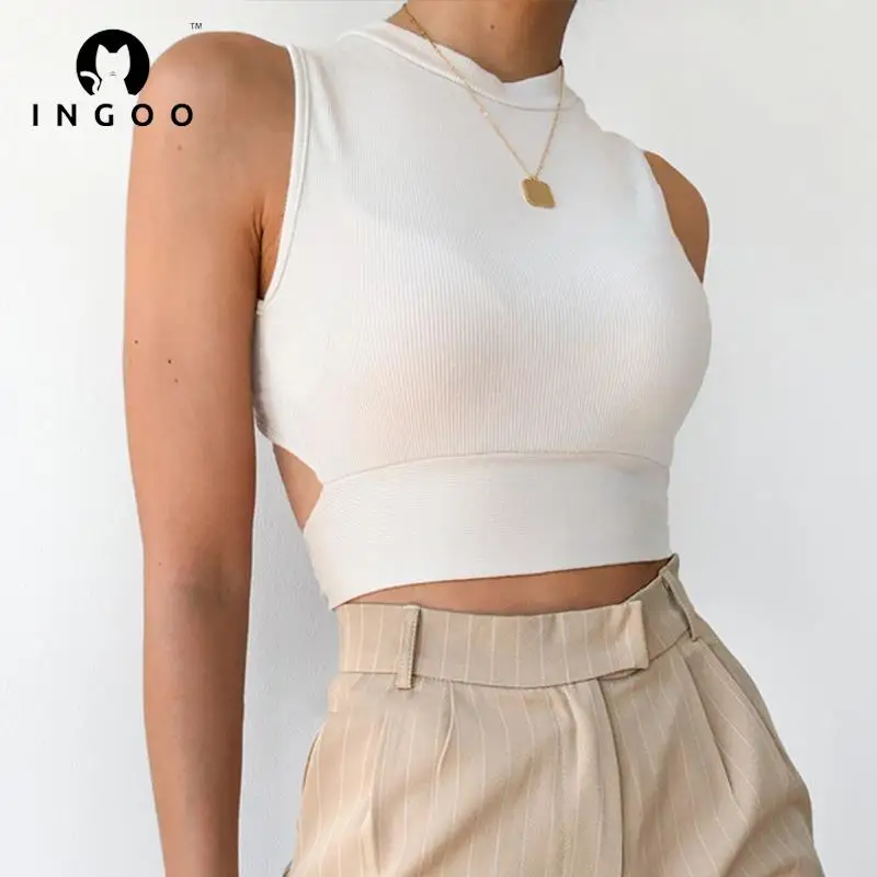 

INGOO Casual Summer Knitted Crop Top Women Off Shoulder Sexy Backless Tank Top Bandage Slim Sleeveless Cotton Clothes Streetwear