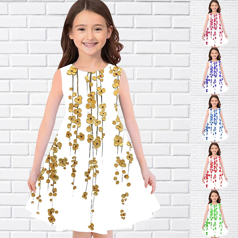 

2022 Summer Girls 3D Print Dresses Kids Girl Party Sleeveless Princess Dress Tank 3D Print Pretty Flower White Dress