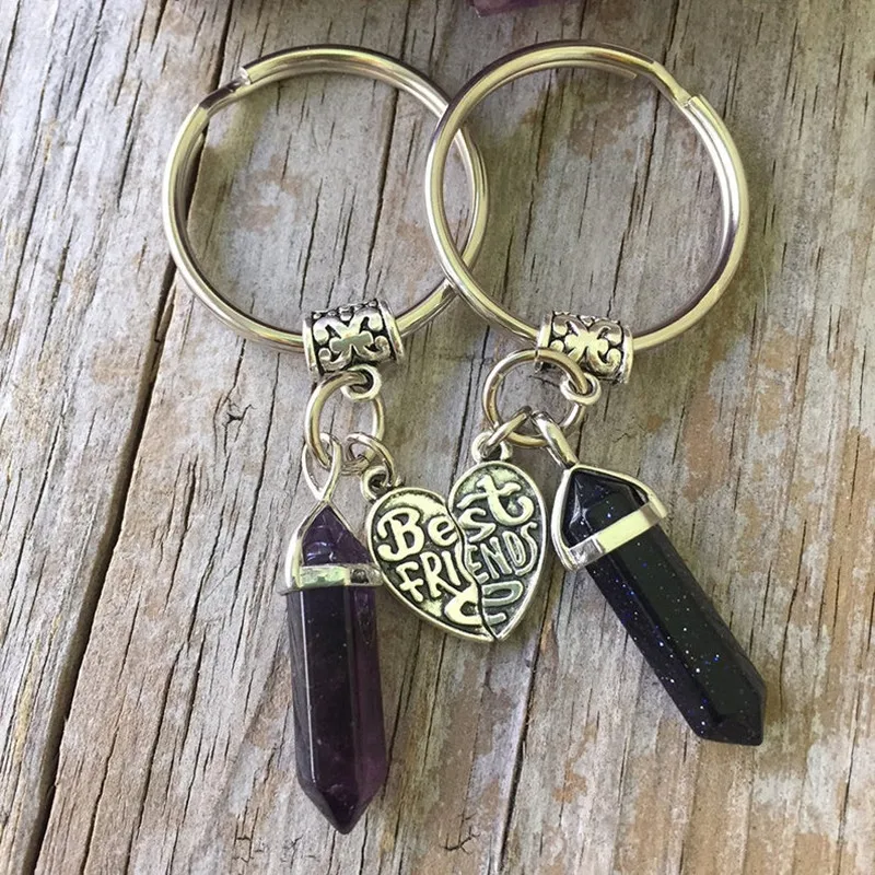 

New Fashion Retro Valentine's Day Alloy Heart Purple Natural Crystal Stone Hexagonal Column Keychain