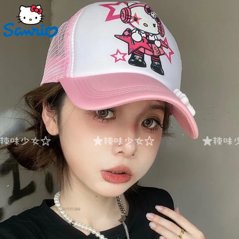 

Бейсболка с надписью Hello Kitty в стиле рок-гитары, розовая Милая крутая шапка Sanrio Y2k в стиле панк, гранж, искусственная утка, язык, аксессуары, украшение