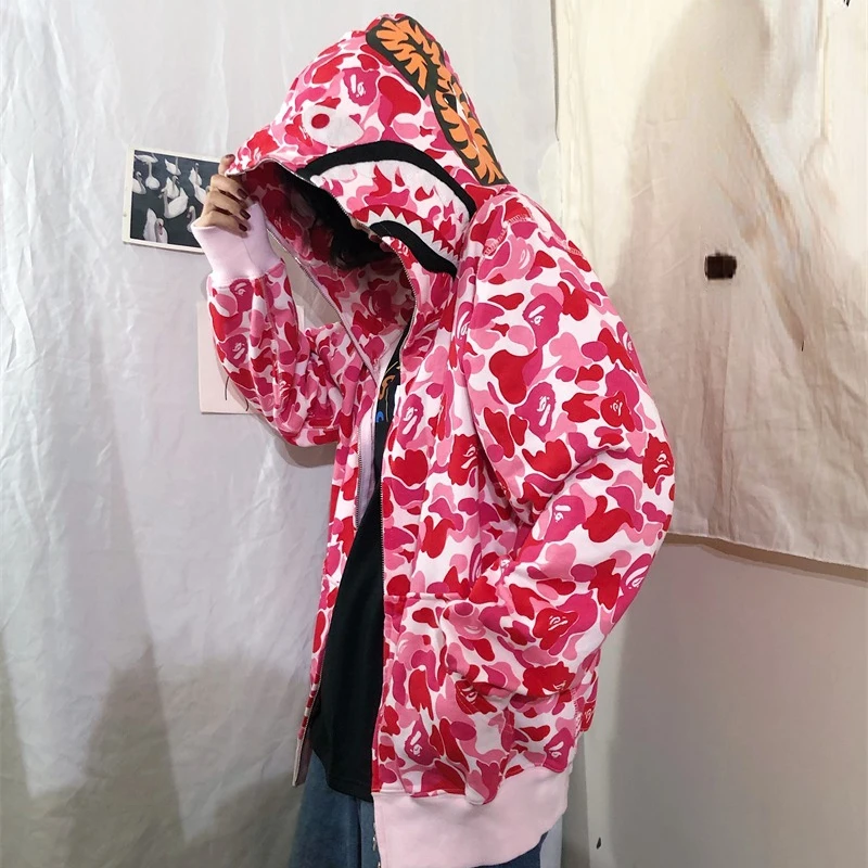

Harajuka Shark Head Zipper Hoodies Fashion 3D Print Embroidered Letters Sweartshirts Unisex Patchwork All-match Trendy Tops
