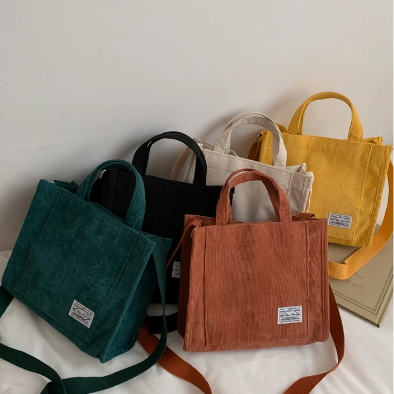 

Вельветовая повседневная женская сумка-тоут, однотонные сумки через плечо для женщин, 2023 хлопок, сумки на молнии, простой дизайн