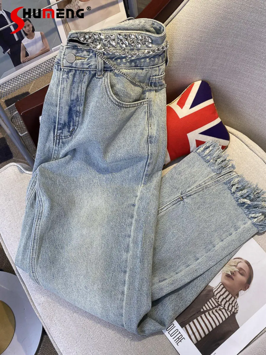 Retro Worn Washed Heavy Industry Waist Chain Wide Leg Jeans Women 2023 Spring Burrs Tassel Straight Denim Trousers Baggy Pants