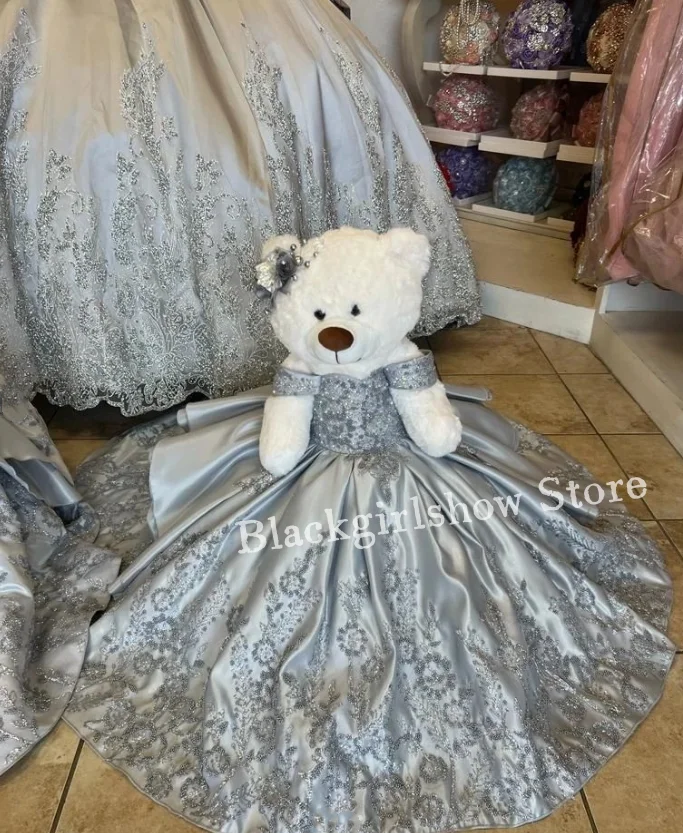 Серебряное платье Quinceanera с плюшевым мишкой 2024 роскошное пышное мини-платье без