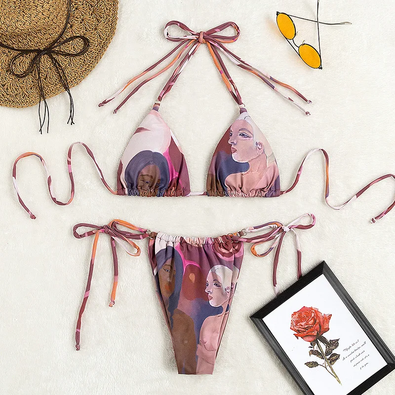 Винтажный комплект бикини с принтом персонажа женский бюстгальтер пуш-ап лямкой