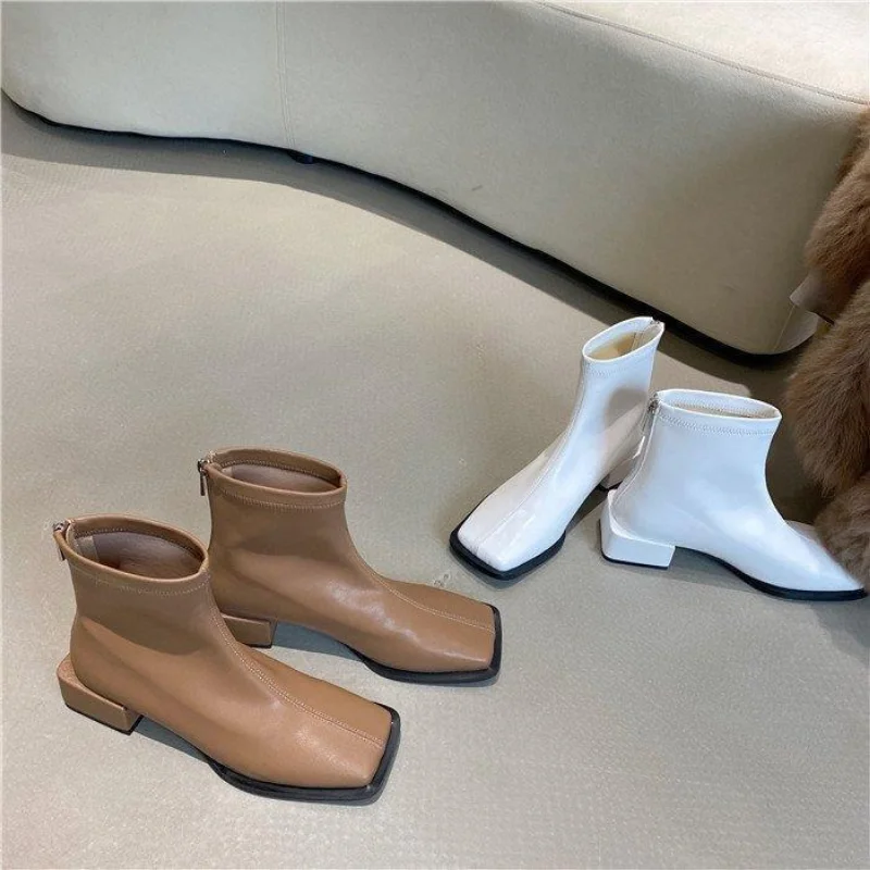Spring Women's Ankle Boots Women's Low Heel Fashion Zipper Shoes Fall Winter Leather Women's Short Boots Botas Mujer 2023 New