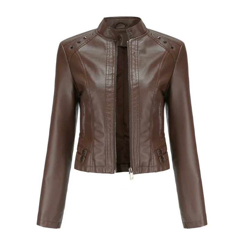 New Rivet Leather Leather Women's Long Sleeved Stand Up Collar Fashion Jacket