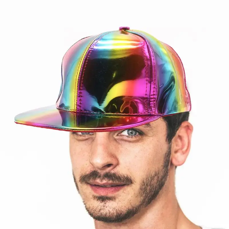 

Cool Rainbow Reflective Hip Hop Caps Adjustable Hip Hop Flat Brim Fashion Flat-Brimmed Rock Caps Reflective Snapback Hat For