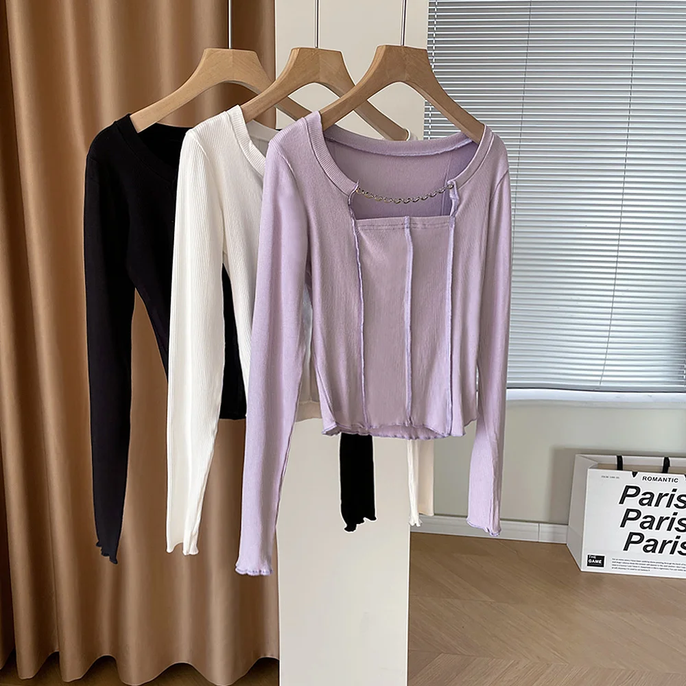 

Solid Square Collar Chain Long Sleeve Thin Fitted Crop T-shirt White Black Purple Off Shoulder Slim Korean Style Women Crop Tops