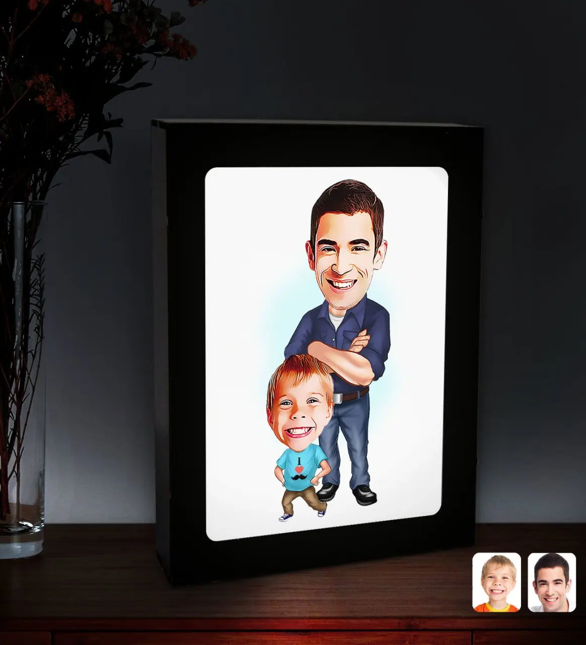 

Персонализированная карикатура отца сына со светодиодной подсветкой деревянная картина Çerçevesi-2