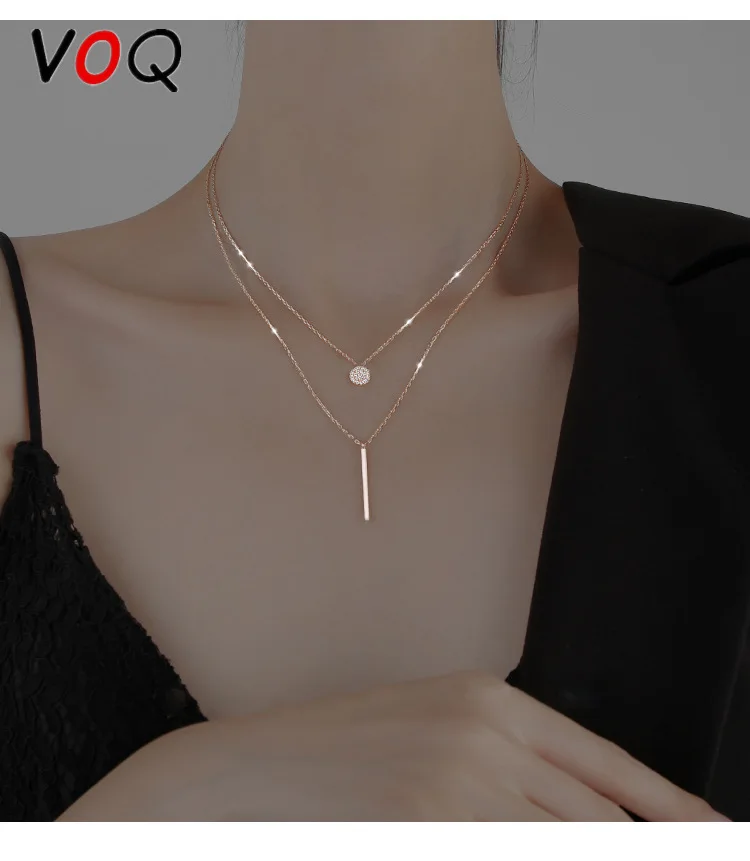 

VOQ Geometry Shiny Zircon Square Round Double-layer Necklaces for Women Dainty Clavicle Chain Chokers Fashion Jewelry