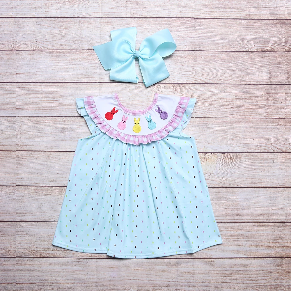 

Mini One-Piece Cotton Summer New Style Cute bunny Dress Sky-Blue Sleeveless And Spotted Dress For Girls