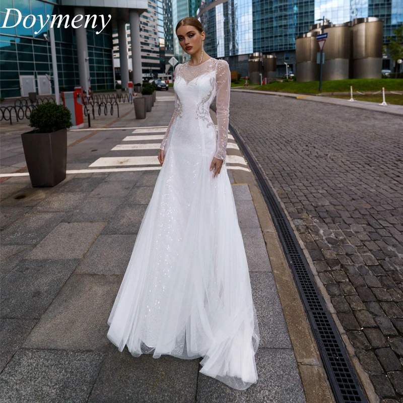 

Doymeny Bridal Wedding Dress O-Neck Sweep Train Tulle Backless Sleeveless Illusion Sequined Simple A-Line Robe De Mariée