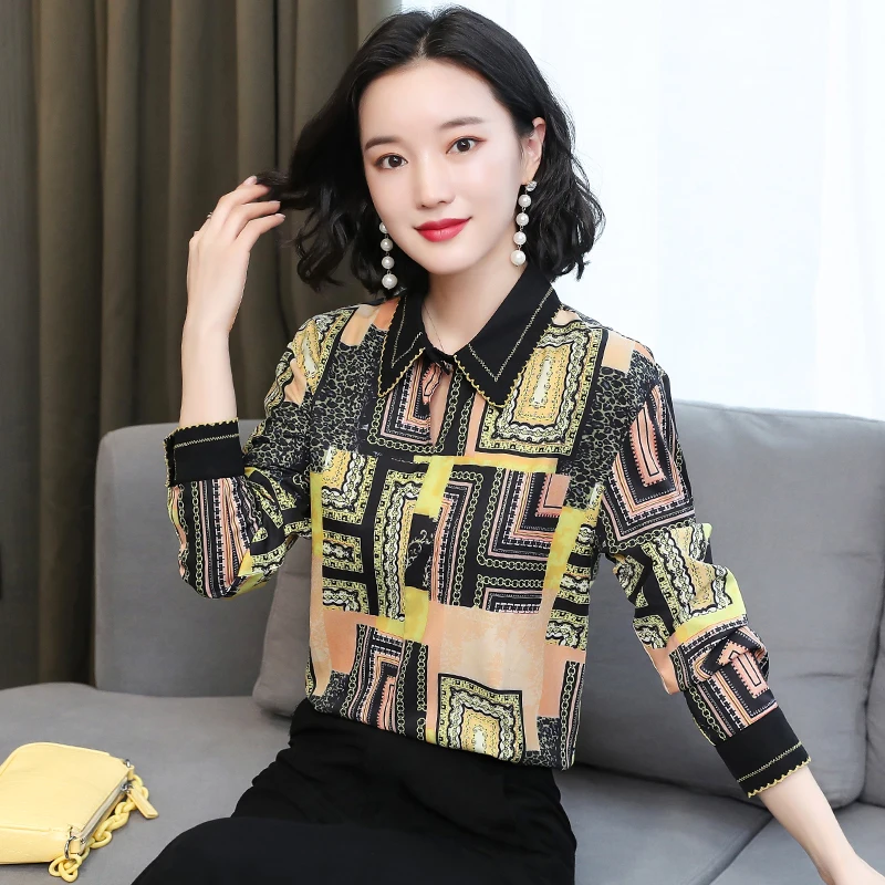 

Рубашка-поло женская с длинным рукавом, атласная Повседневная модная свободная одежда с принтом, лето