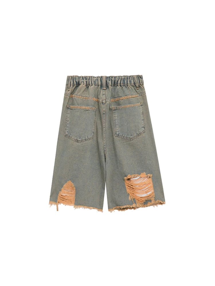 Patch Hole Casual Raw Edge Denim Shorts Summer New Retro Street Loose BF Frayed Wide-leg Neutral Five-point Pants Jeans Female