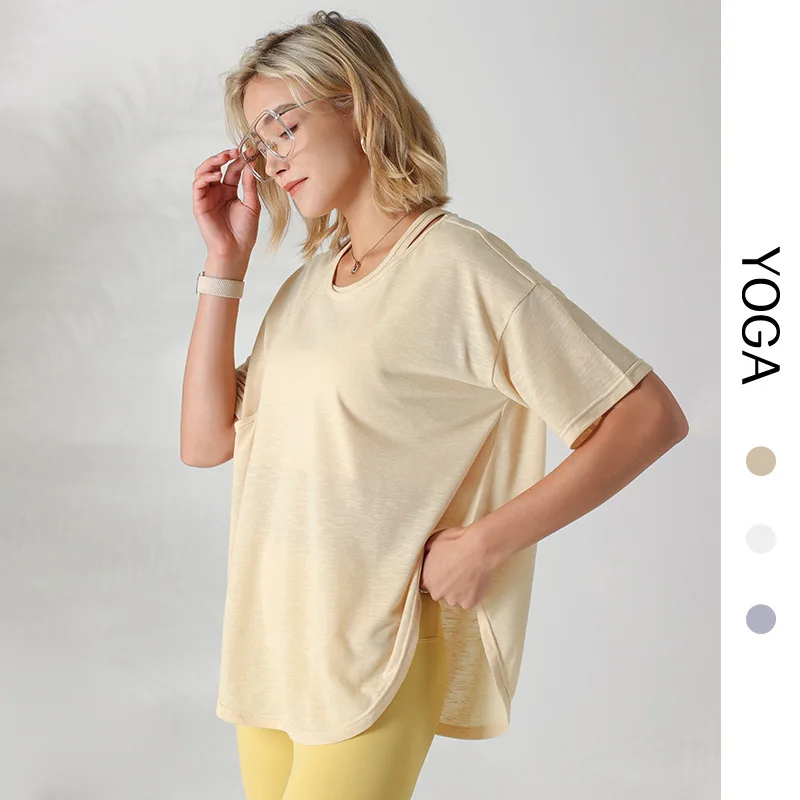 With Logo Spring And Summer Yoga Clothes Women's Slim Fitness Short-Sleeved Breathable Quick-Drying Two-Piece Sports Tops