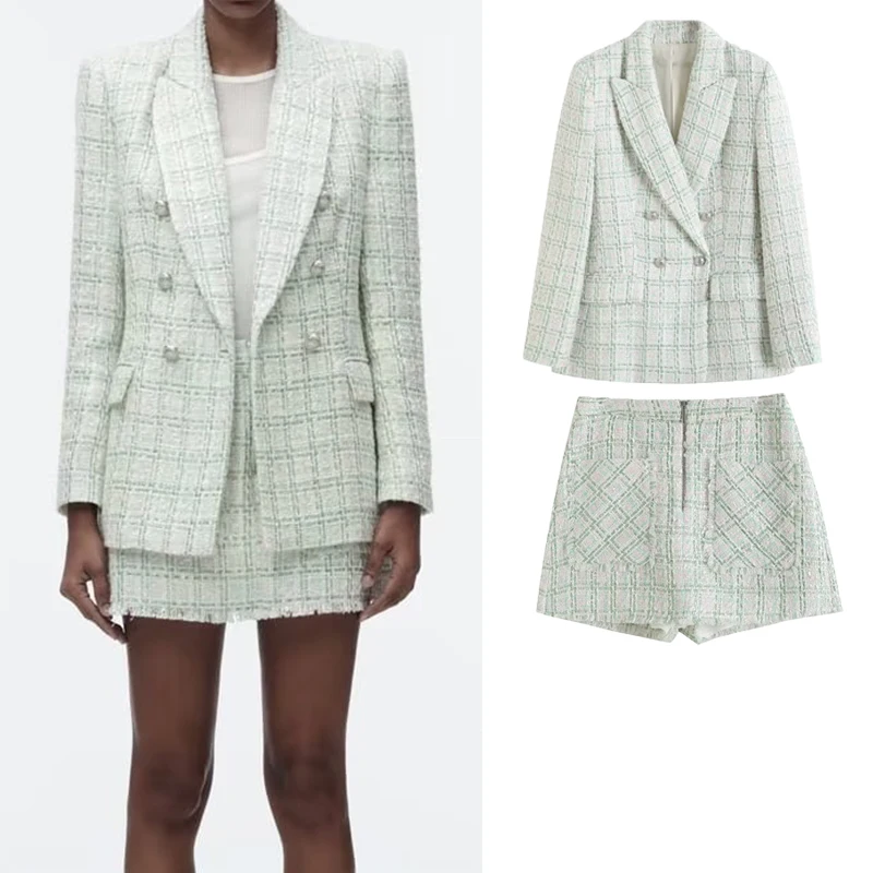 

Новинка Весна 2023, брючные комплекты, текстурный двубортный костюм с отложным воротником, куртка, юбка, брюки, модный костюм, женский модный костюм из двух предметов.