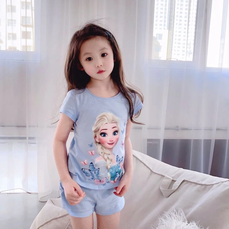 2023 New Casual Frozen Elsa Children's Summer Short Sleeve Pajamas Cartoon Suit Girls Set Clothes Cotton Kids Pajamas Costumes