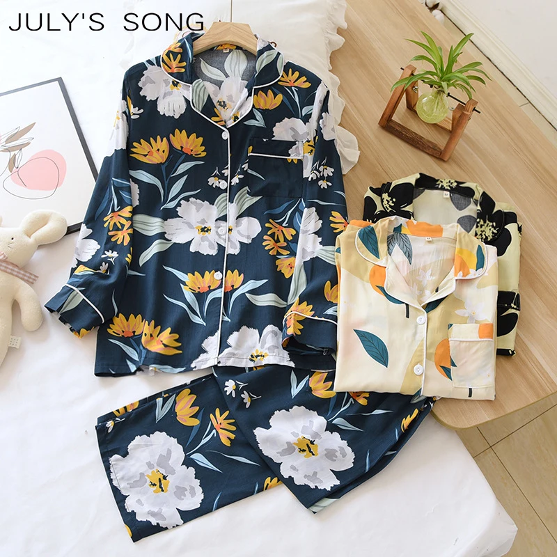 

Женский пижамный комплект JULY'S SONG с цветочным принтом, брюки из вискозы с длинным рукавом, одежда для сна из 2 предметов, Весенняя женская оде...
