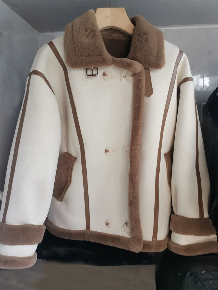 Deerskin Velvet Faux Lamb Fur Coat Women Fleece-lined Thickened Integrated 2024 Winter New Motorcycle Clothing Cotton-pad...