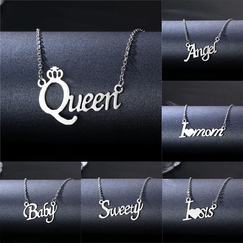 

Rinhoo Stainless Steel Words Queen Angel Sweety Pendant Necklace For Women Fashion Female Choker Chain Necklaces Jewerly Gifts