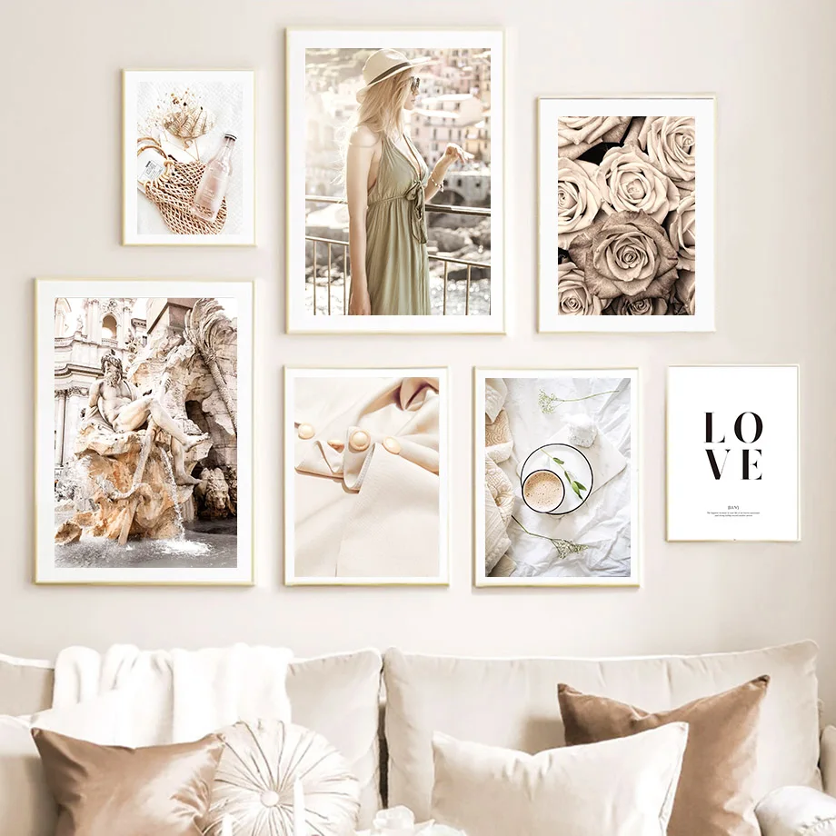 

Fashion Girl Statue Rose Flower Coffee Landscape Posters And Prints Wall Art Canvas Painting Wall Pictures For Living Room Decor