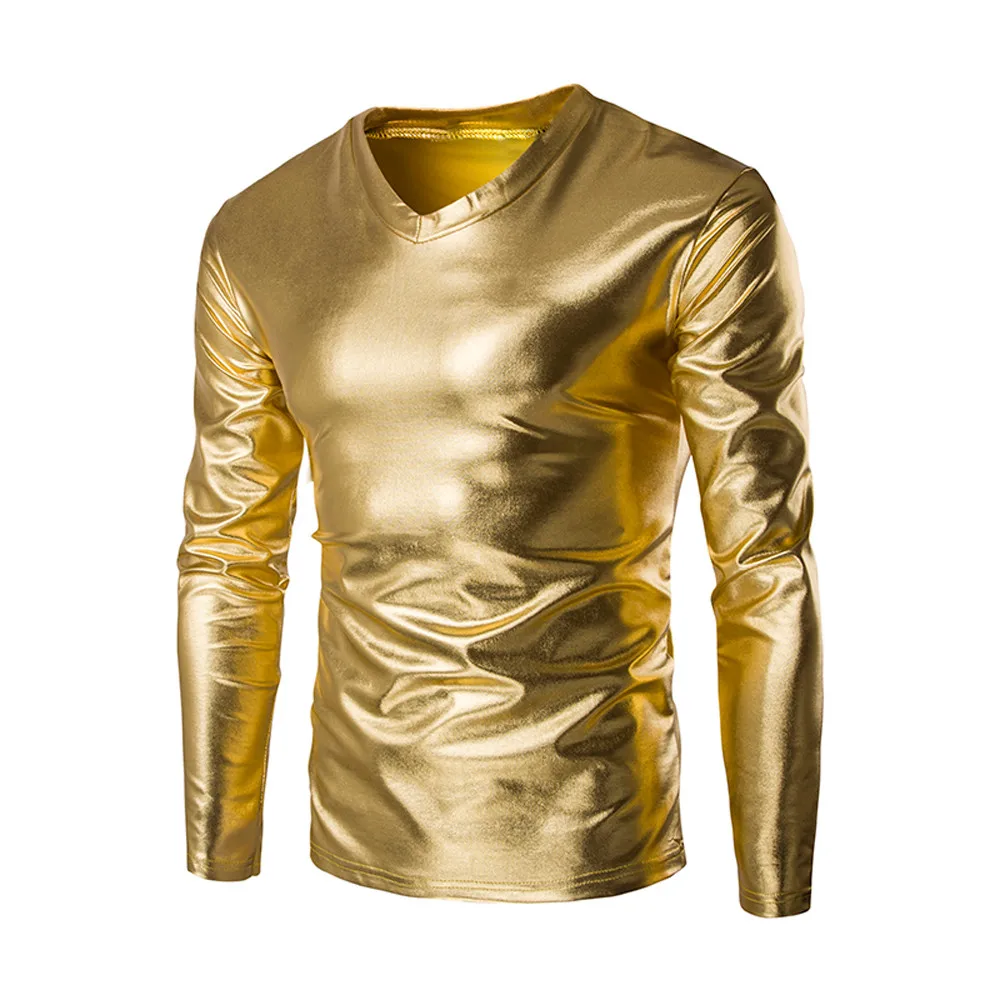 

Mens Fitted Button down Shirts Mens Metallic Shiny Wet Look Long Sleeve T-shirt Top Slim Fit V Neck Blouse Penguin Dress Shirt