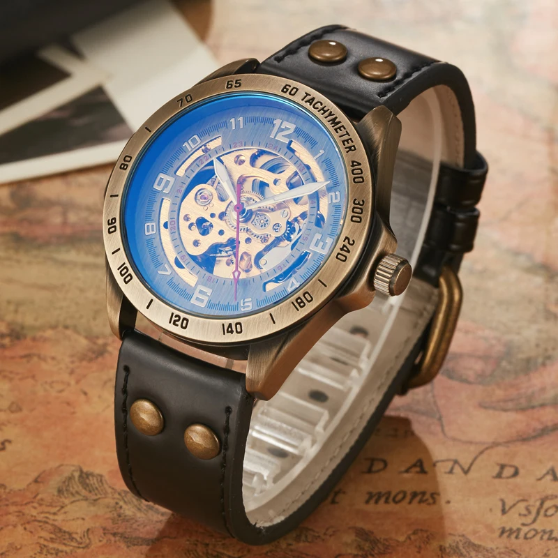

Luxury Top Brand Mens Mechanical Watches For Males Retro Automatic Skeleton Steampunk Leather Mechanical Watches Fashion Gifts