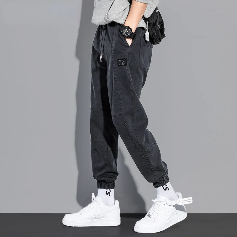 loose  Ankle leg-tied jeans pants trousers streetwear men Korea style harlan black  y2k Drawstring  Casual  Spring and Autumn