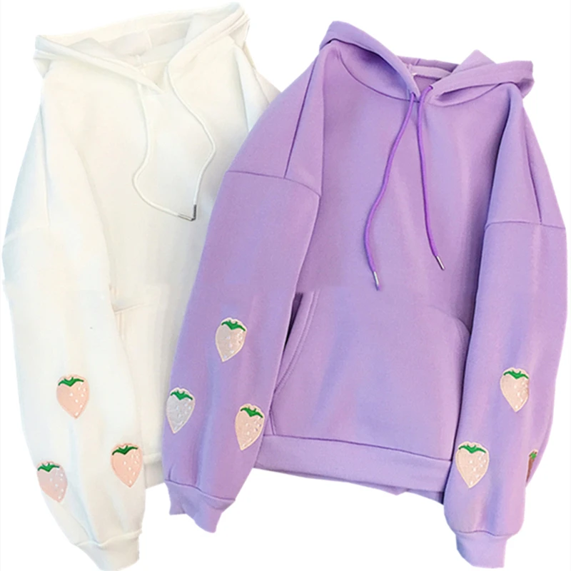 

Harajuku Strawberry Embroidery Lavender Pink Sweatshirt Autumn Winter Women Kawaii Loose Long Sleeves Tops Oversized Hoodies XXL