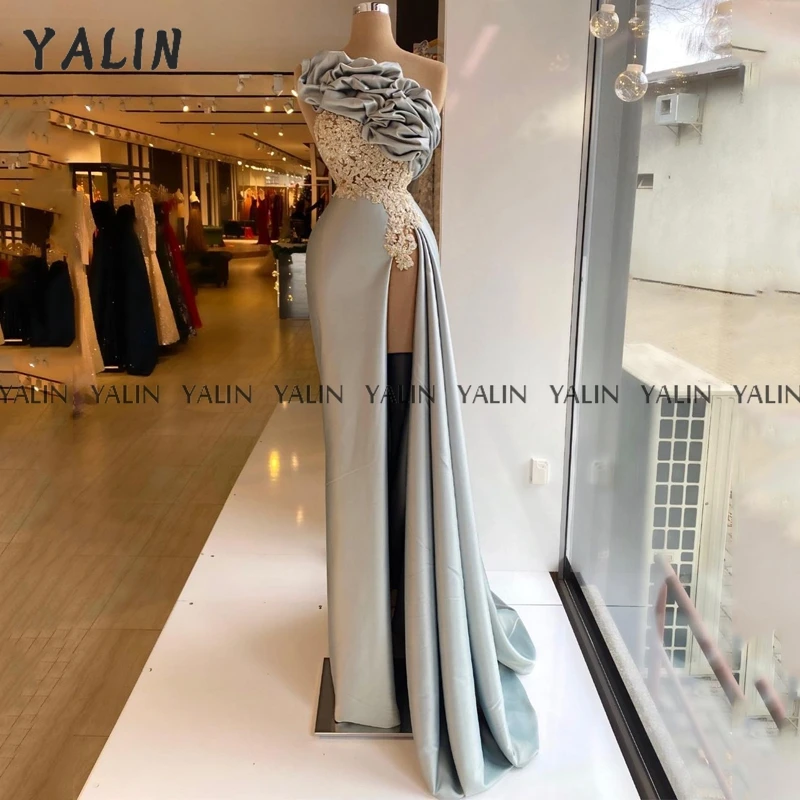 

YALIN Blue Evening Grown Satin Elegant Applique Saudi Arabia Mermaid Strapless Party Dress Floor Length Split Sexy vestidos