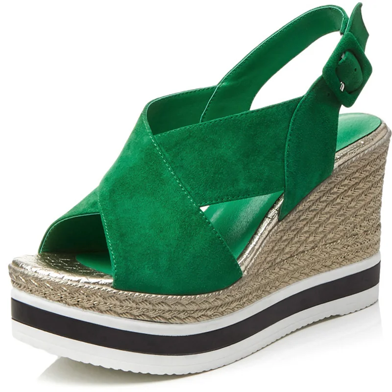 

Женские босоножки на танкетке, зеленые, черные босоножки на высоком каблуке, с пряжкой и ремешком, весна-лето 2022