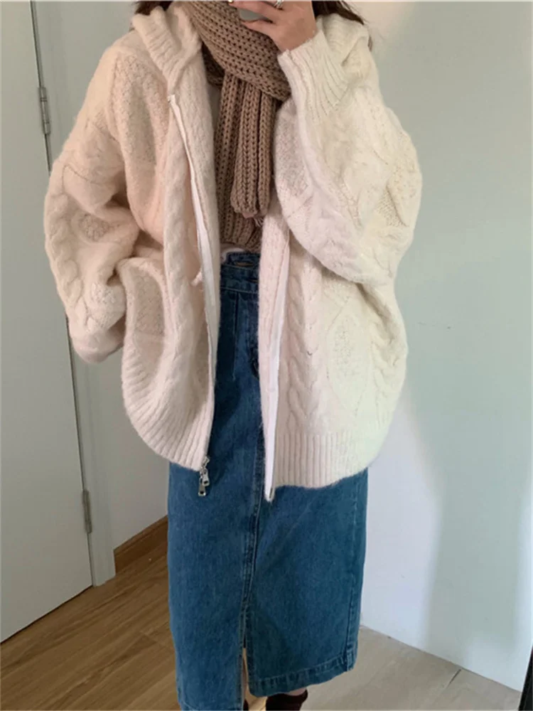 

Fashion Women Long Sleeve Knitted Cardigans 2022 New Fashion Solid Color Zipper Hooded Loose Causal Sweater Autumn Winter Warm
