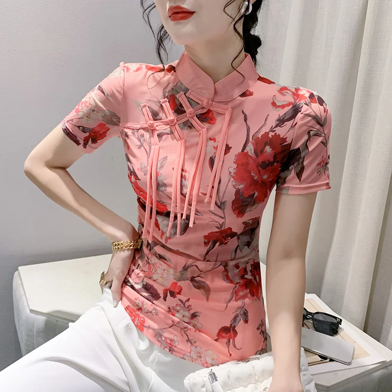 

#6817 розовая Сетчатая футболка с цветочным принтом, привлекательная облегающая футболка с воротником-стойкой и пуговицами, женские ленты в китайском стиле, летняя искусственная кожа